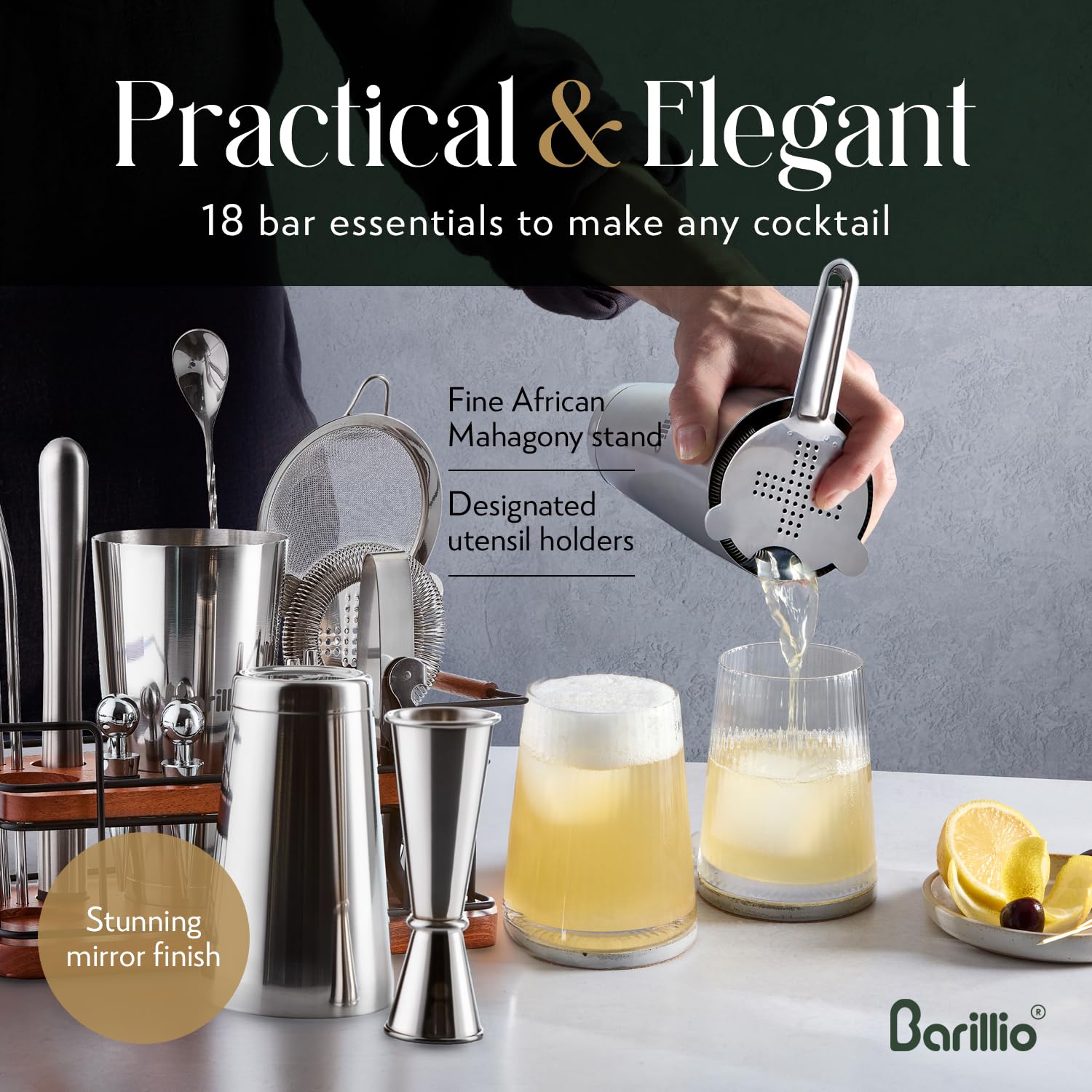 Barillio Hawthorne strainer and pourers in action to streamline pour accuracy