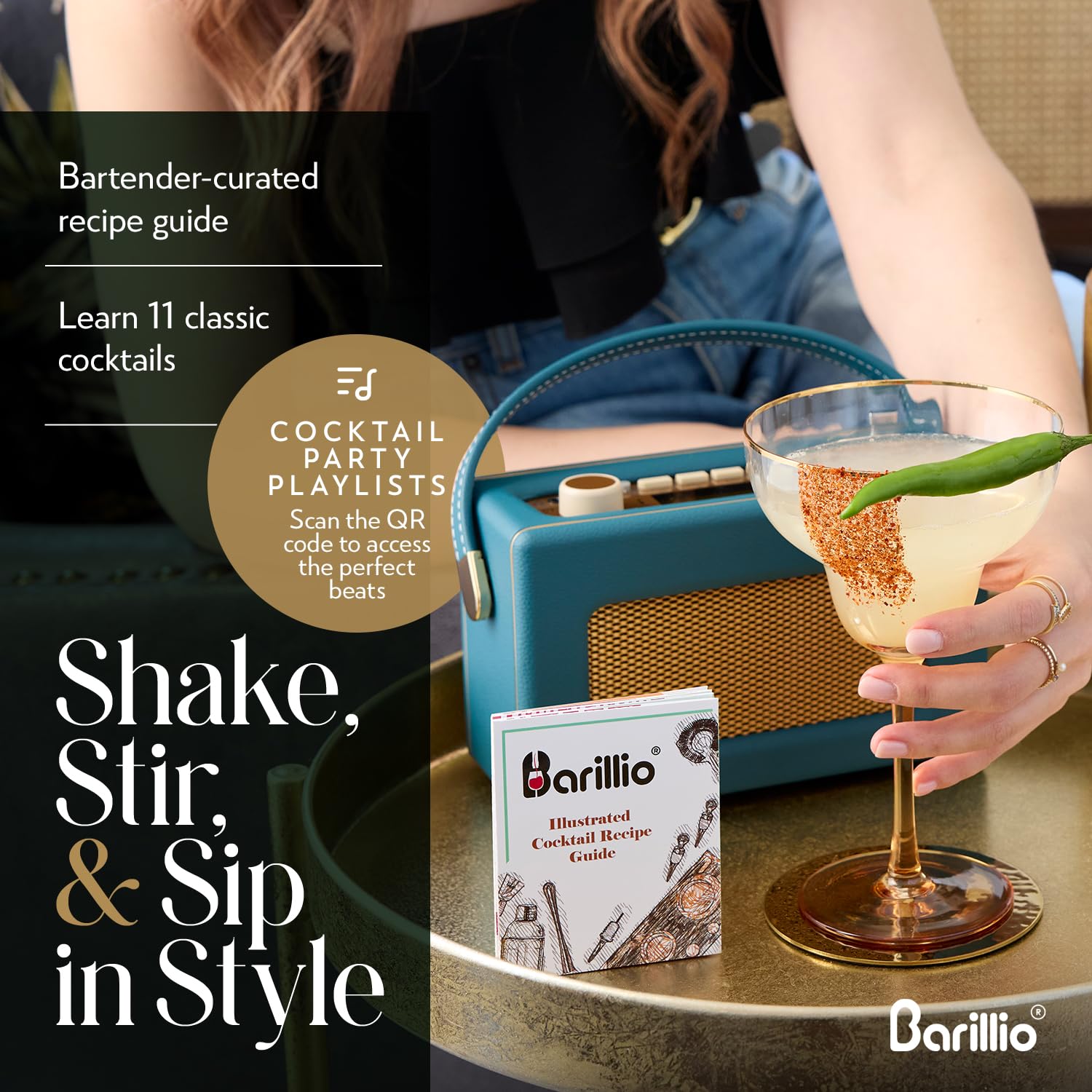 Barillio 23-piece set packaging and components showcased for versatile home bartending
