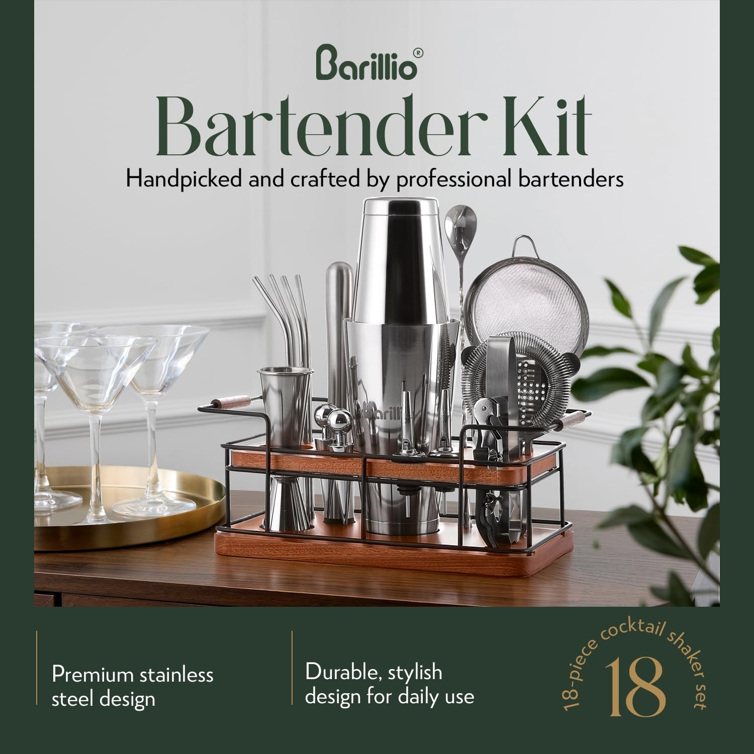 Barillio shaker set and tools arranged for confident cocktail crafting with stainless steel shine