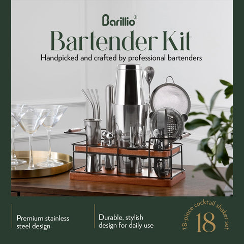 Barillio shaker set and tools arranged for confident cocktail crafting with stainless steel shine