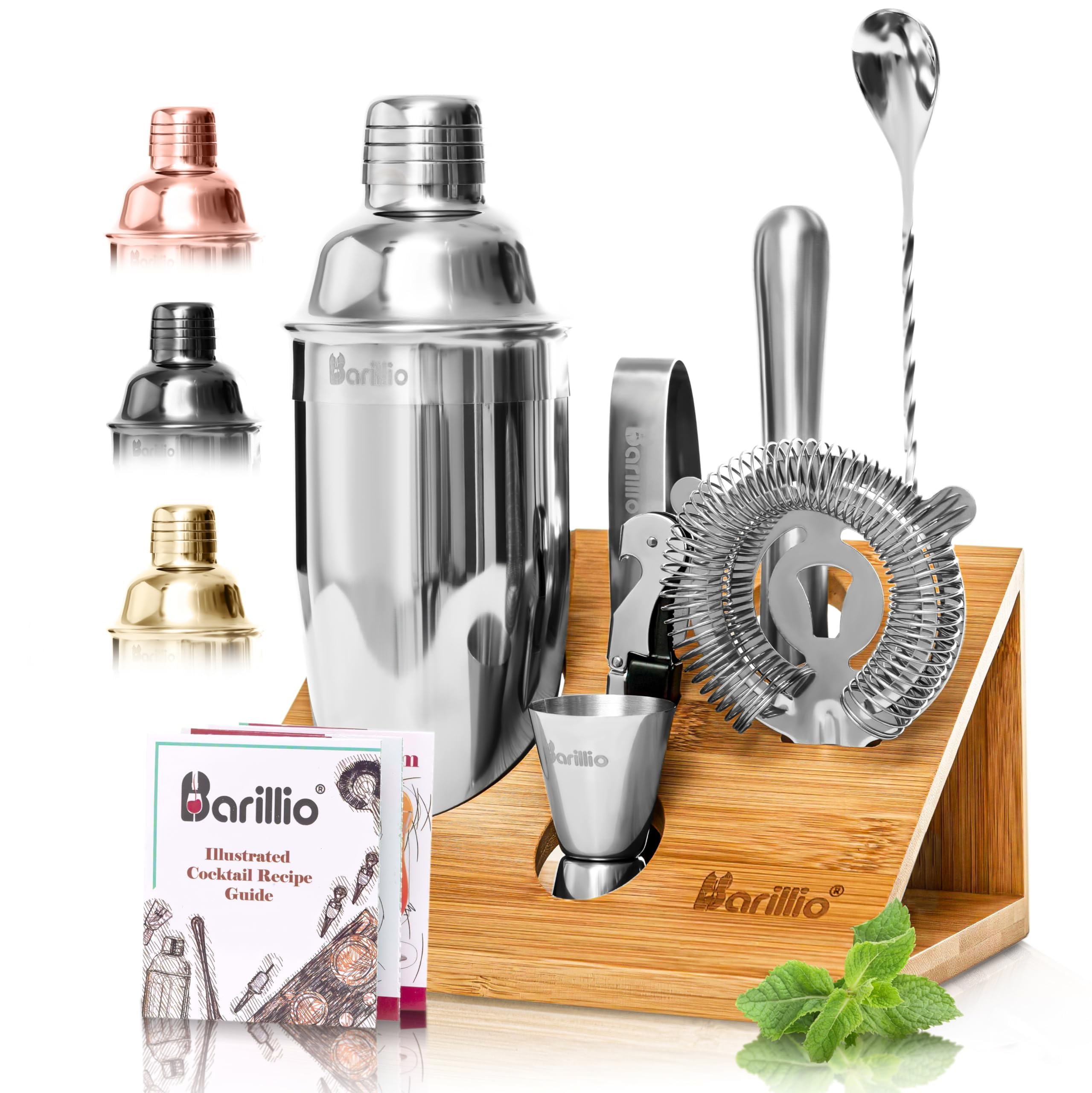 Barillio bartending kit with stainless shaker and bamboo stand for home mixology