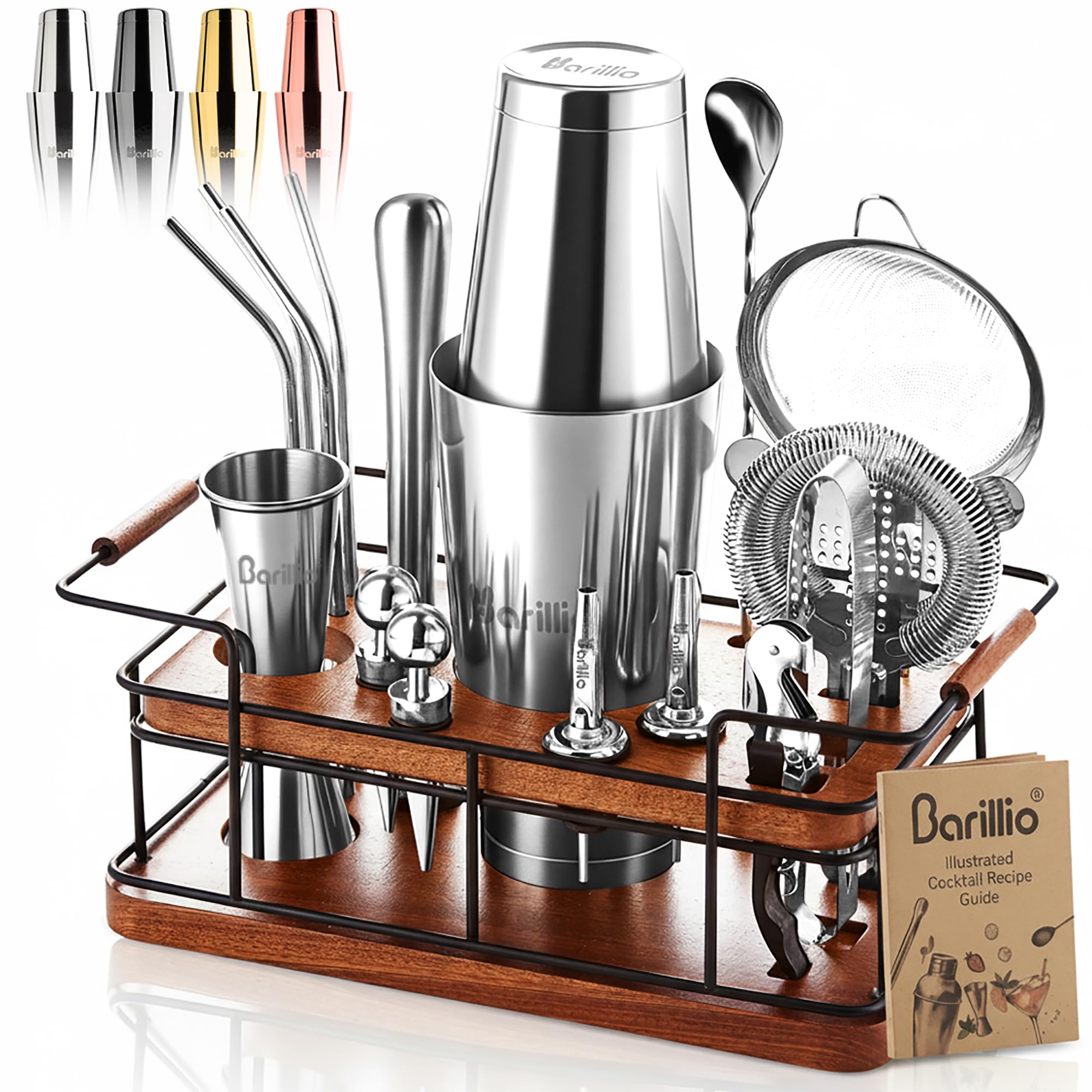 Barillio Bartender Kit on premium mahogany stand, organized for quick access during home entertaining