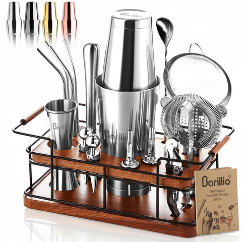 Barillio Bartender Kit on premium mahogany stand, organized for quick access during home entertaining