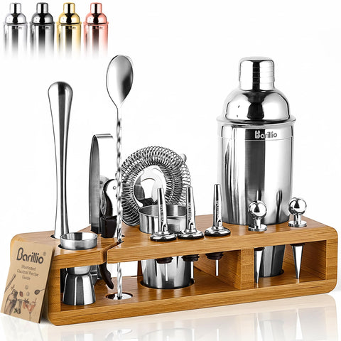 Barillio bartending kit stand with bamboo display for an organized home bar.