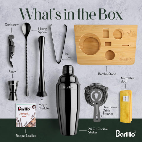 Barillio Black Bartender Kit bamboo-stand: elegant storage keeps tools organized and accessible.
