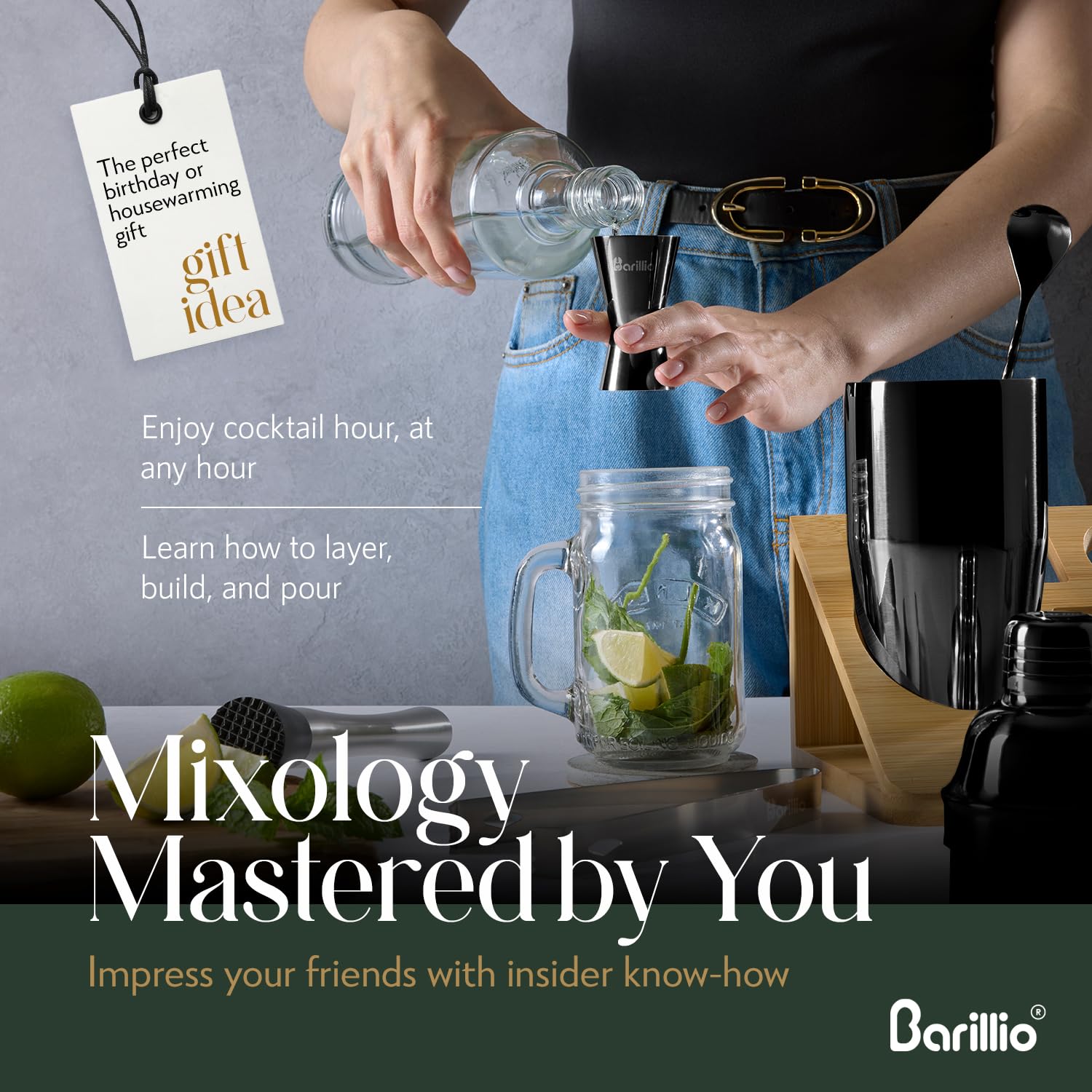 Barillio Black Bartender Kit muddler: sturdy, comfortable grip for muddling fresh flavors.