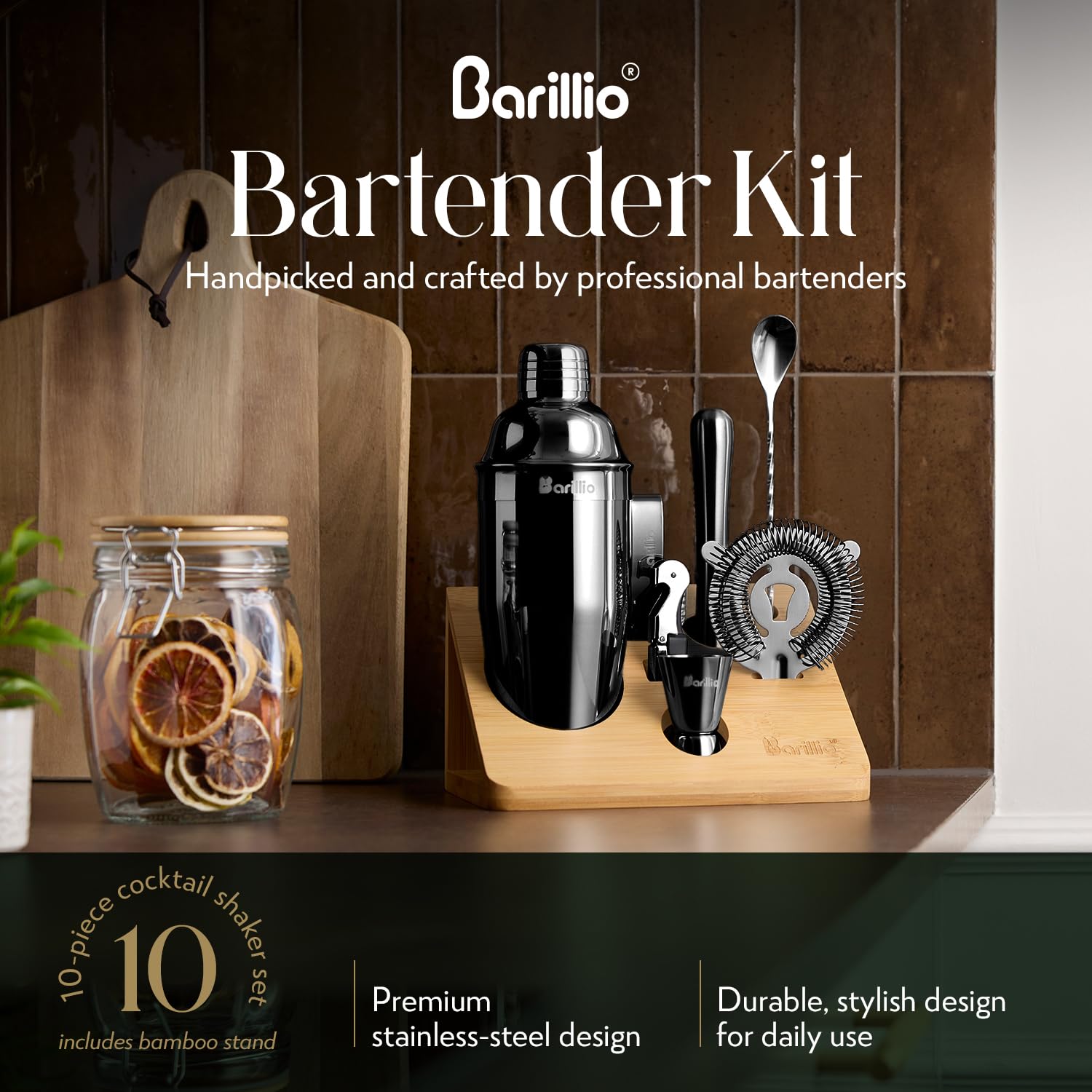 Barillio Black Bartender Kit stainless-utensils: rustproof SS304 construction for everyday reliability.