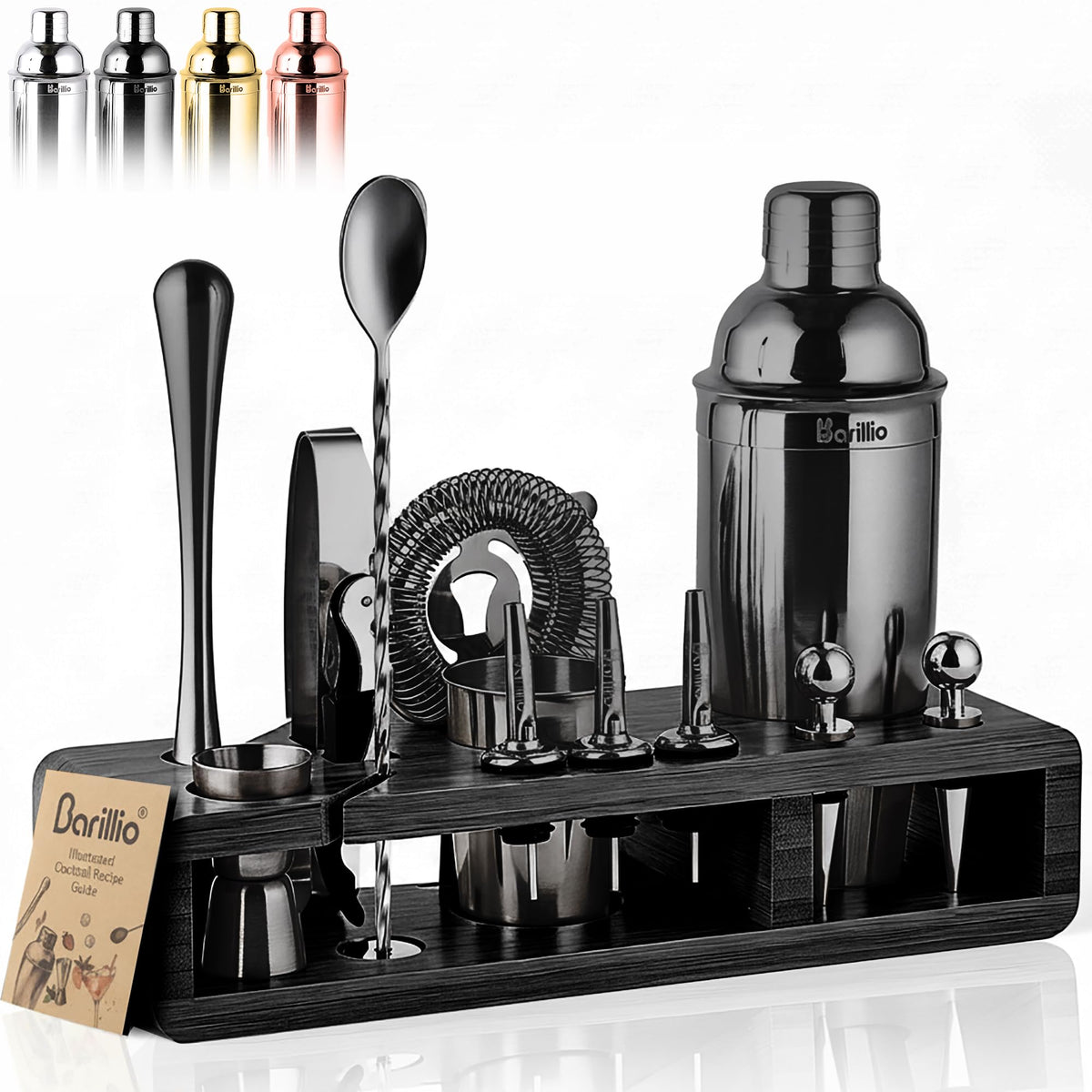 Barillio black bartender kit on stand for organized home entertaining