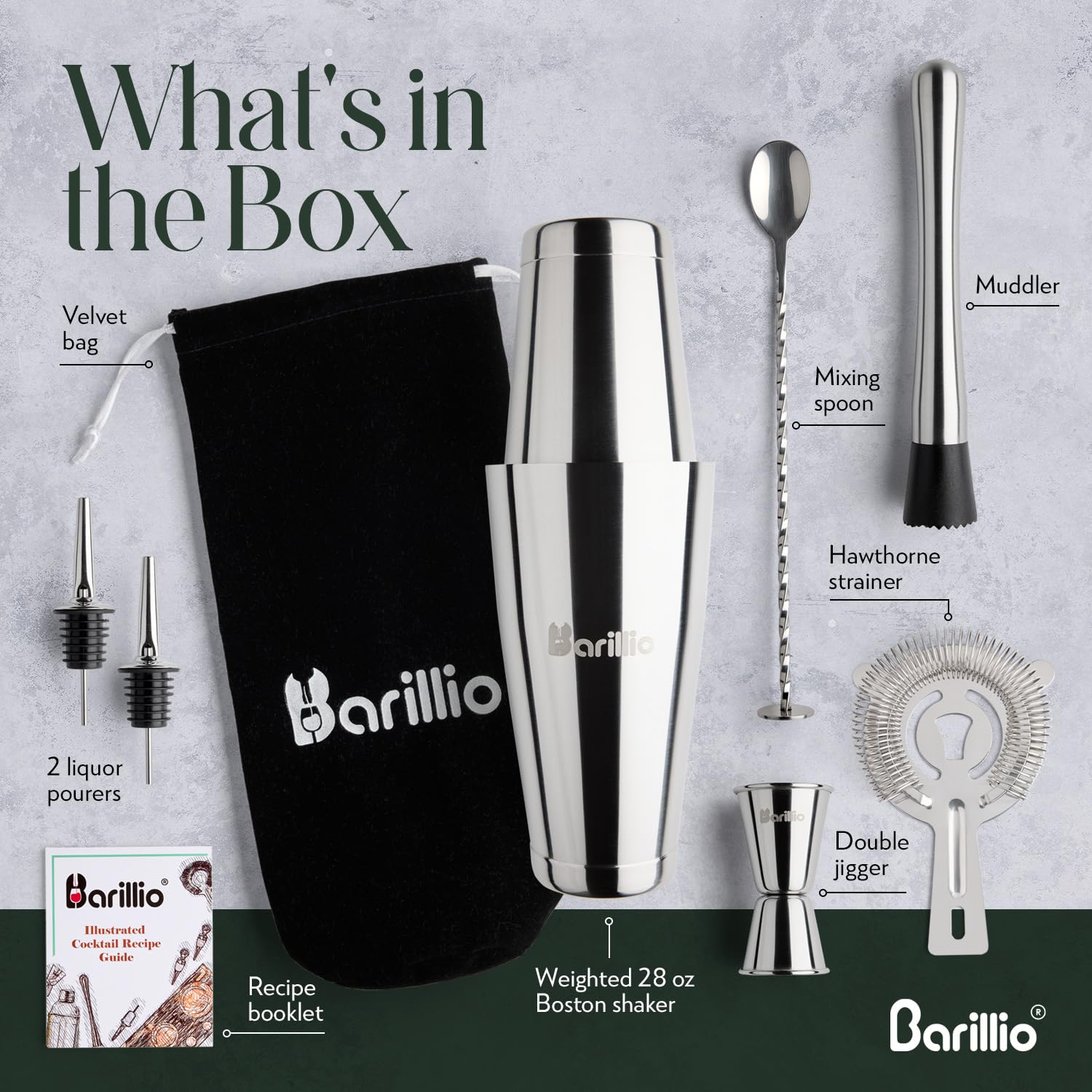 Barillio shaker with strainer in stainless steel for smooth pours