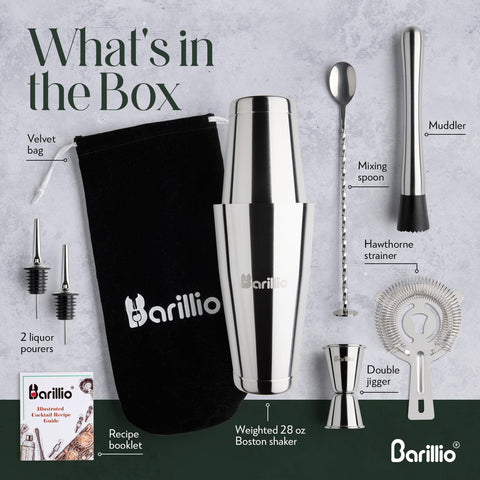 Barillio shaker with strainer in stainless steel for smooth pours