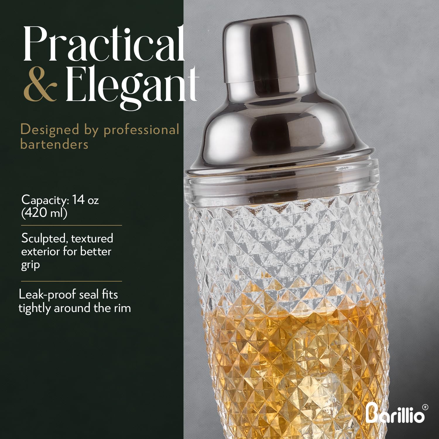 Barillio cobbler shaker shows leak-proof base for clean pours