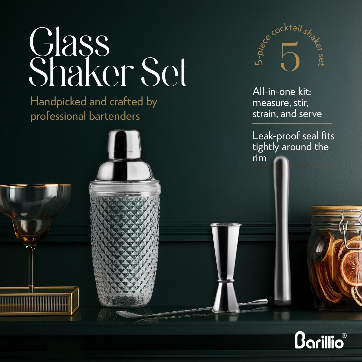 Barillio cobbler shaker features gasket seal to prevent leaks.