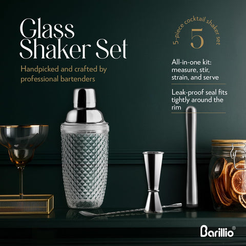 Barillio cobbler shaker features gasket seal to prevent leaks.