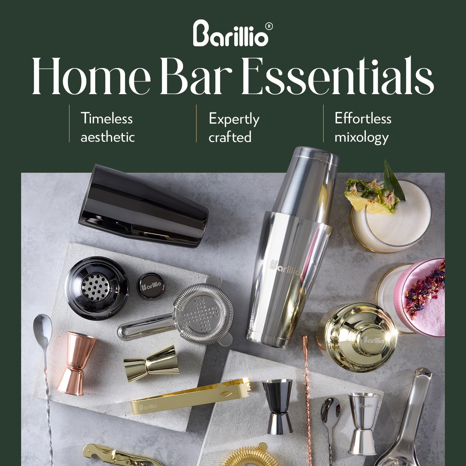 Barillio compact bartending collection complements a stylish, organized home bar.
