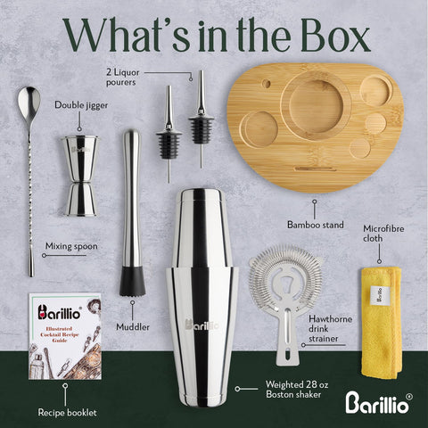 Barillio Elite Mixology Kit Boston shaker in premium stainless steel for pro-style drinks.