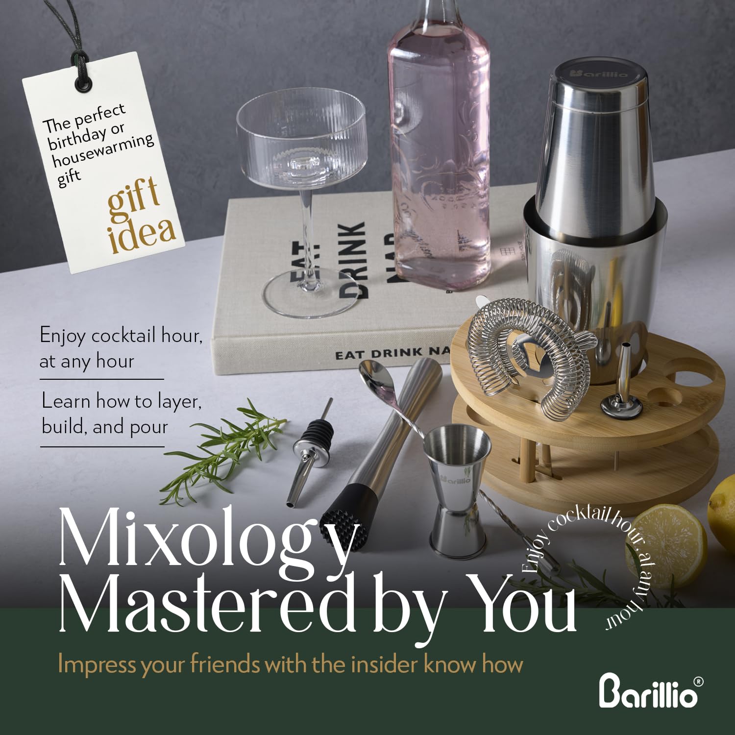 Barillio Elite Mixology Kit stainless steel pieces resist rust and are dishwasher safe.