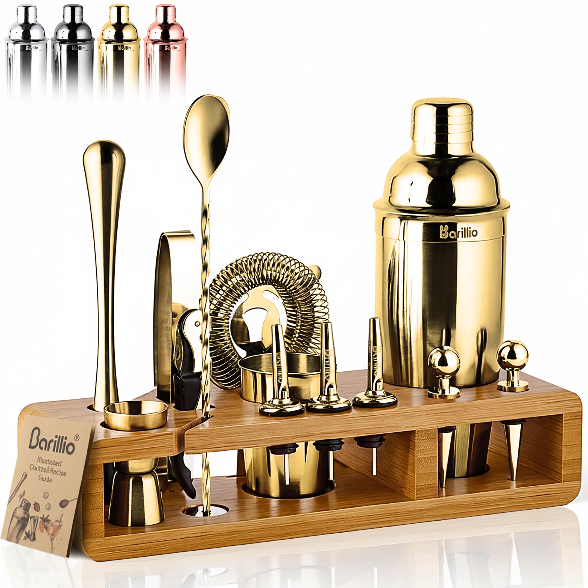 Barillio Gold Bartender Kit bamboo stand for organized home bar display.