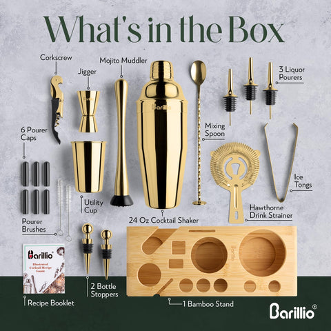 Barillio Gold Jigger and Strainer for accurate pours.