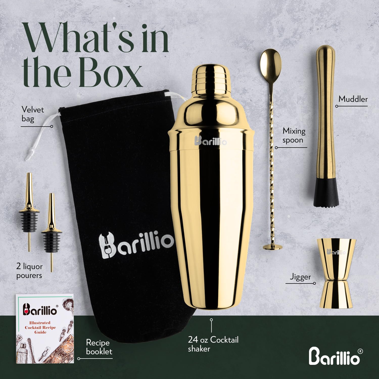 Barillio Gold Mixology Kit: muddler for fresh muddled flavors in cocktails