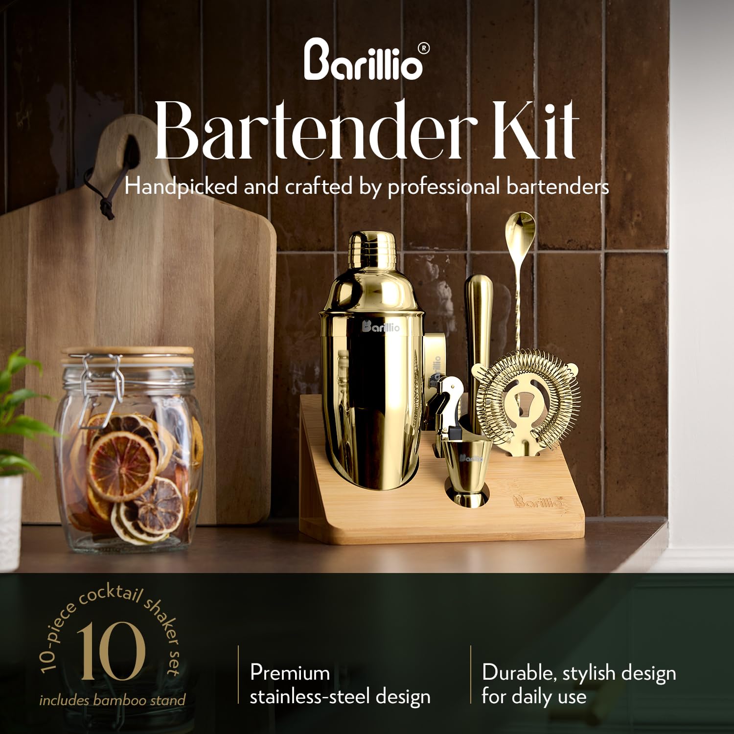 Barillio Gold stainless steel tools provide rustproof durability for daily use.