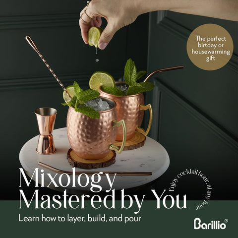 Barillio jigger and spoon accompany mugs for precise mixing