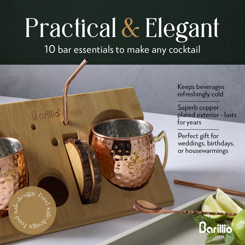 Barillio Moscow Mule mugs on bamboo stand for elegant home bar