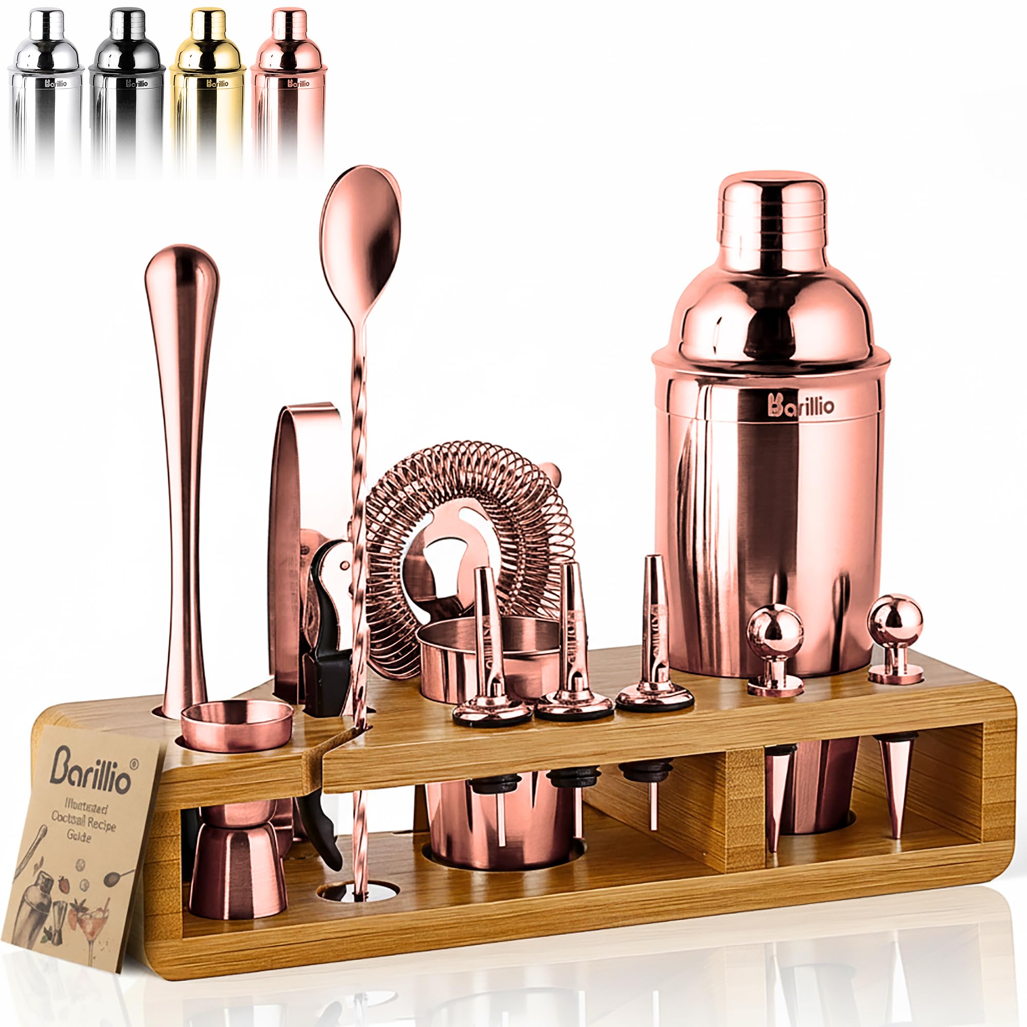 Barillio rose gold bartender kit with bamboo stand for a stylish home bar display.
