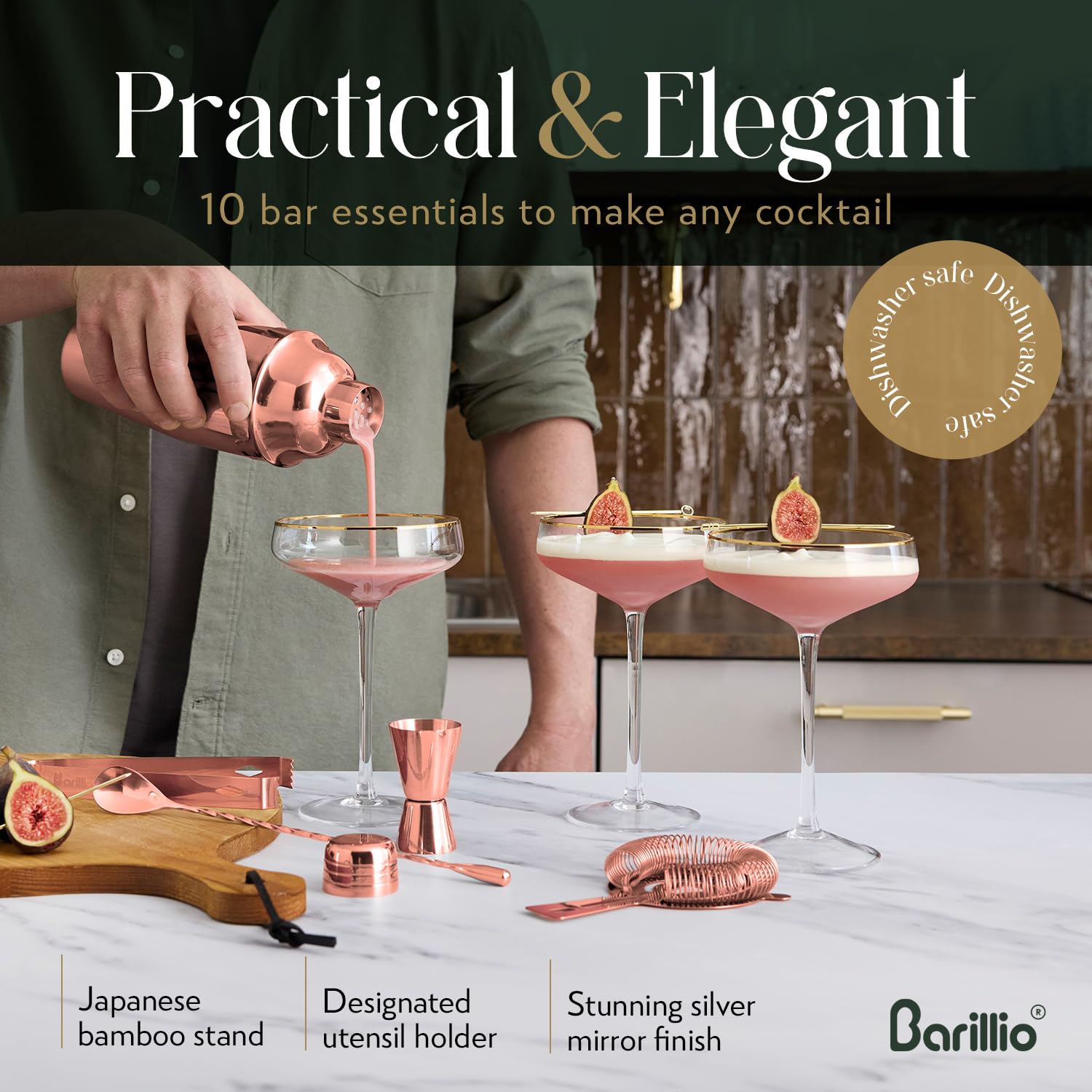 Barillio rose gold muddler adds texture and muddling depth to every drink