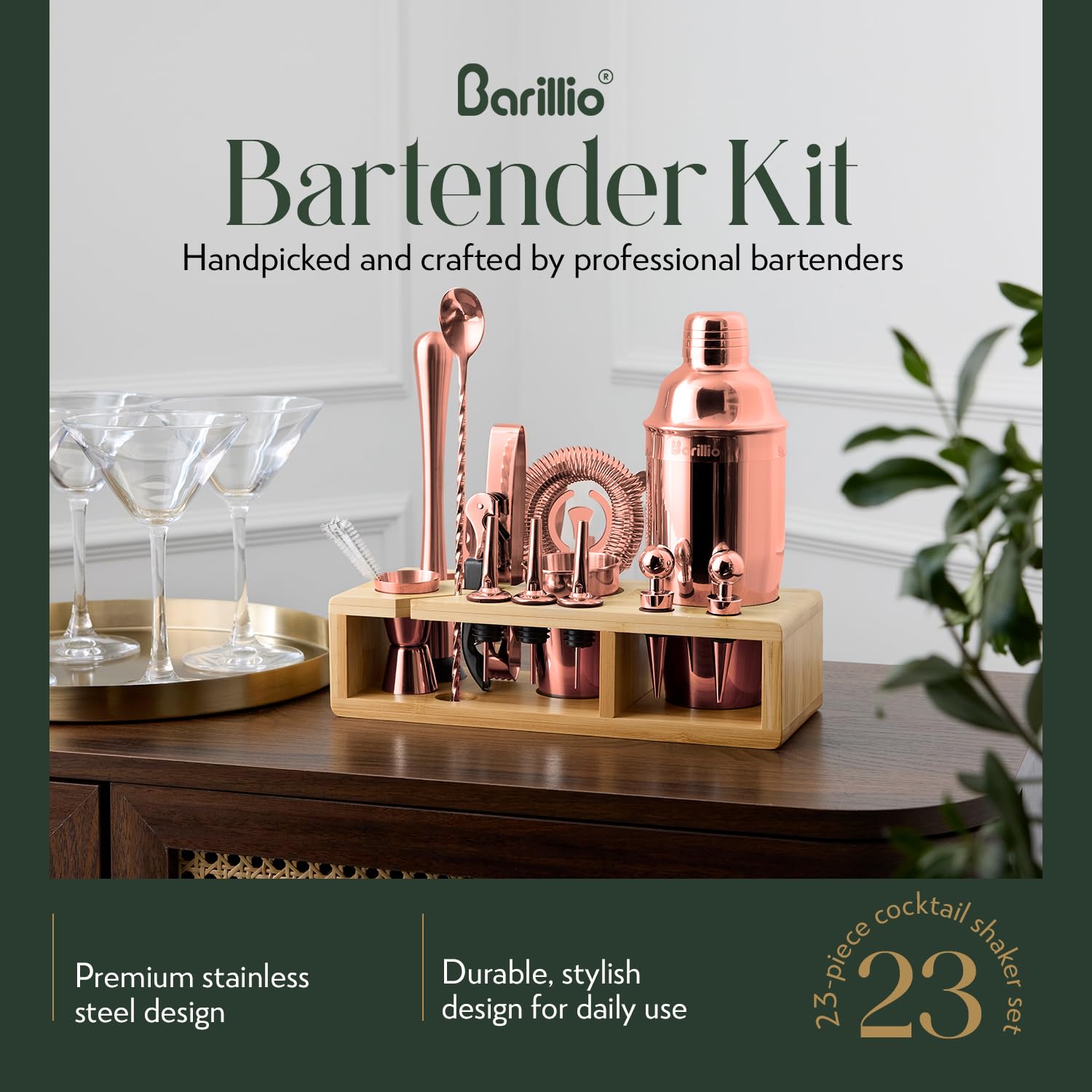 Barillio rose gold shaker close-up highlighting smooth, professional cocktails at home.
