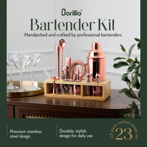 Barillio rose gold shaker close-up highlighting smooth, professional cocktails at home.