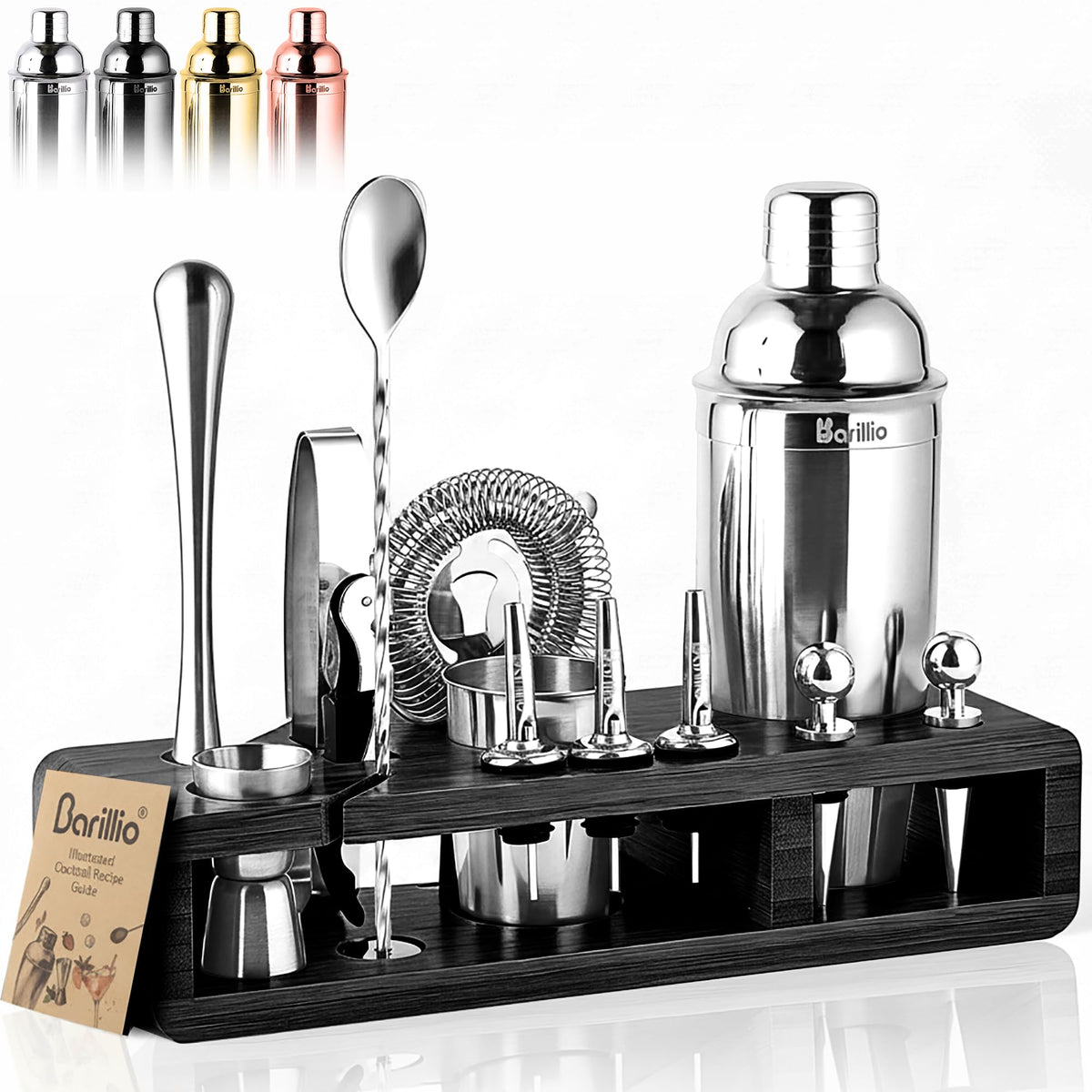Barillio Silver Bartender Kit on black bamboo stand for organized home mixology.