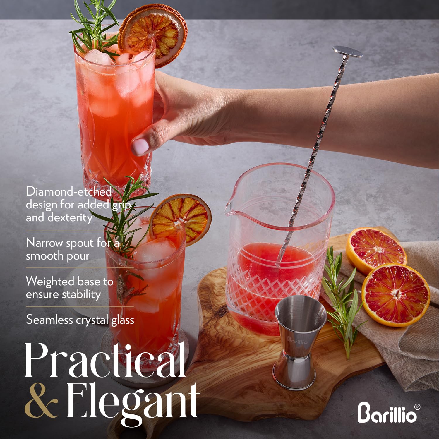 Barillio pour-spout ensures clean streams into a chilled coupe.