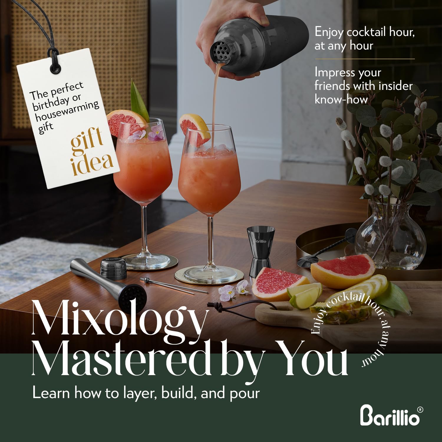 Barillio stainless steel bar spoon for stirring layered cocktails with precision.