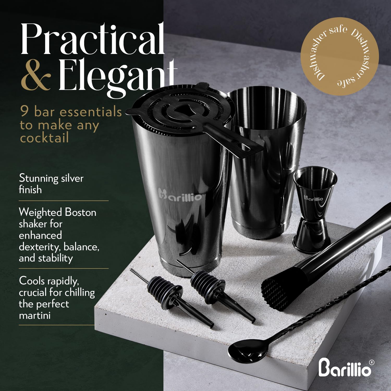 Barillio stainless-steel bartender accessories built to last for everyday use.