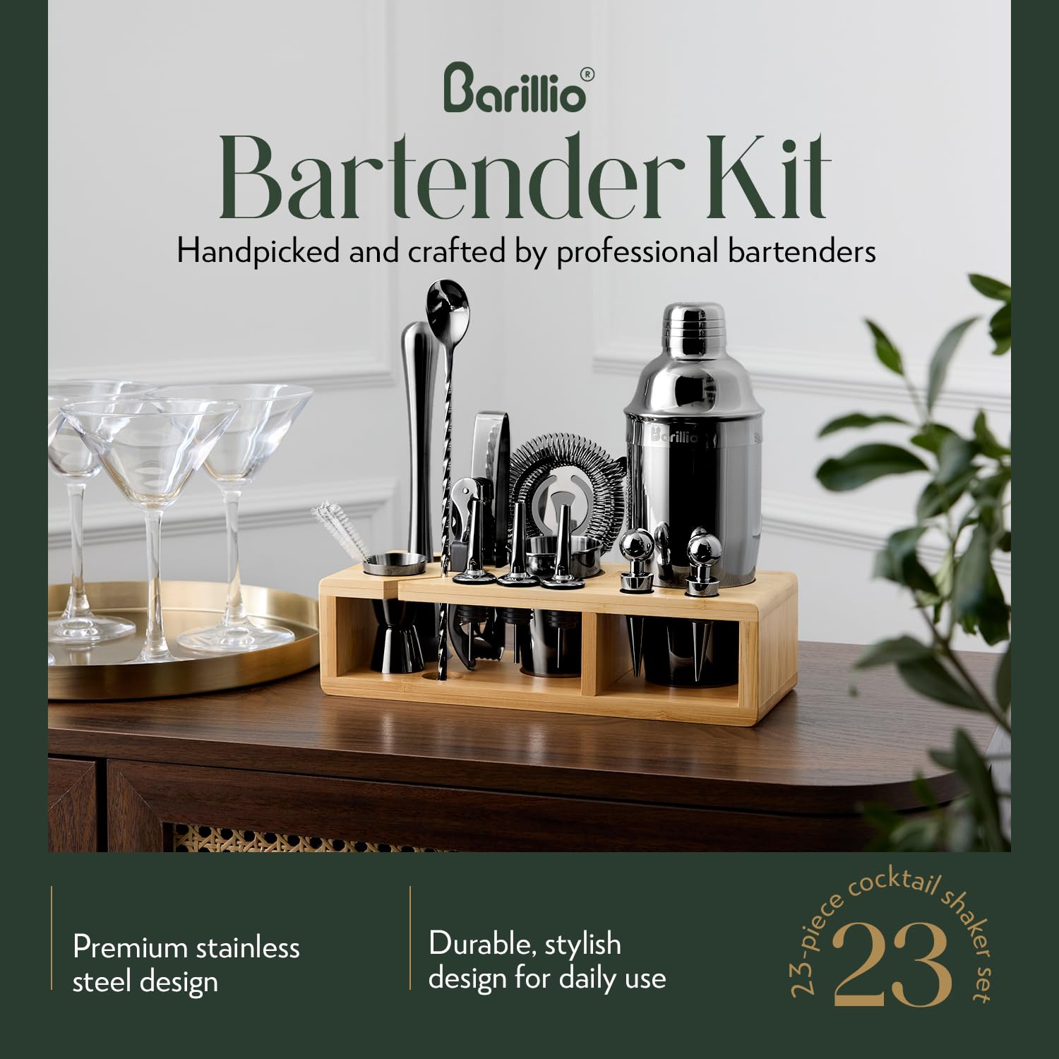 Barillio stainless-steel cocktail shaker, durable tool for everyday drink making.
