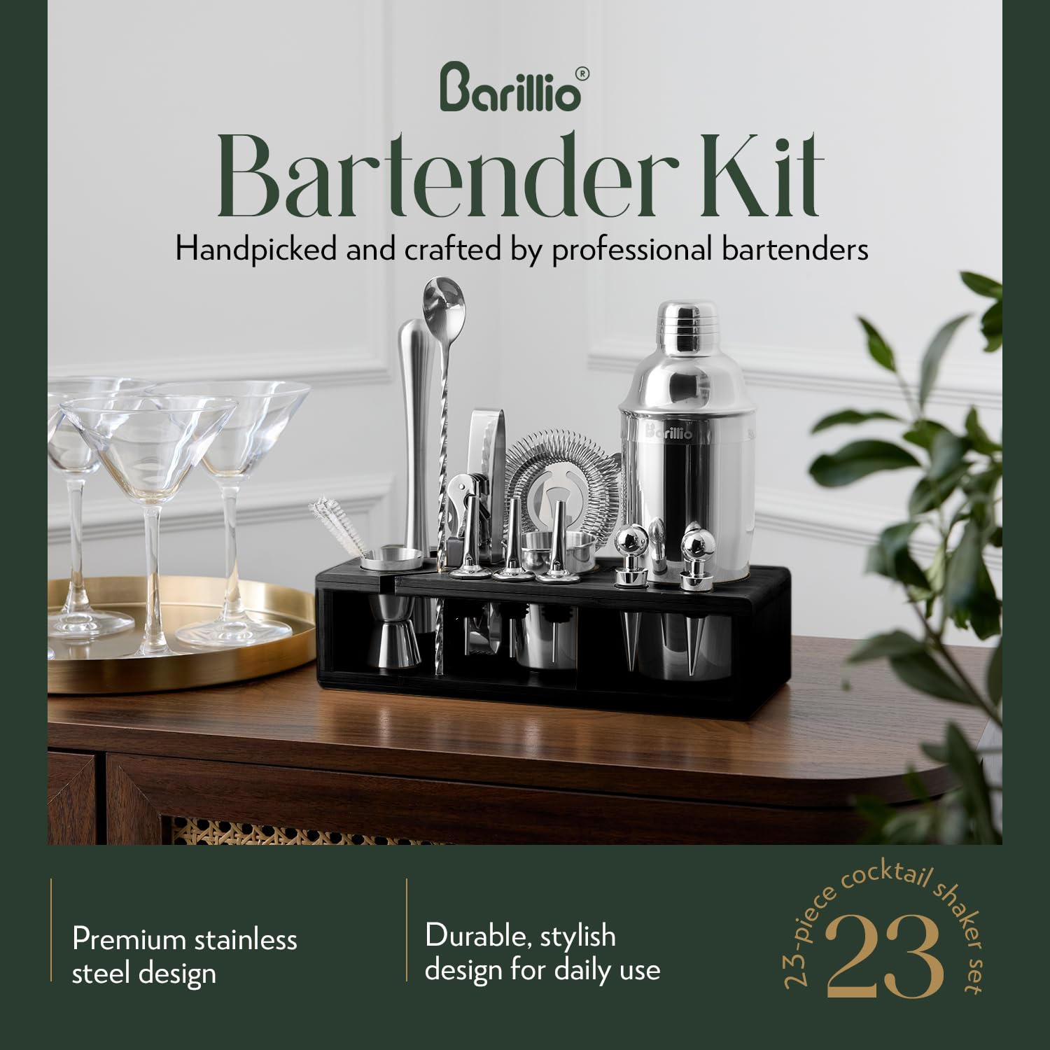 Barillio stainless steel cocktail shaker ready for everyday bar use.