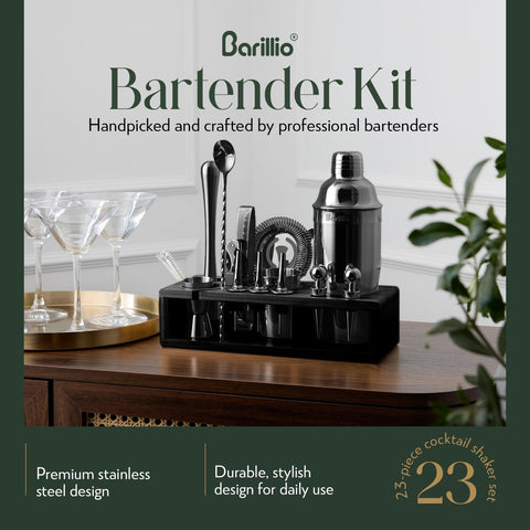 Barillio stainless-steel cocktail shaker showing durable, rustproof construction