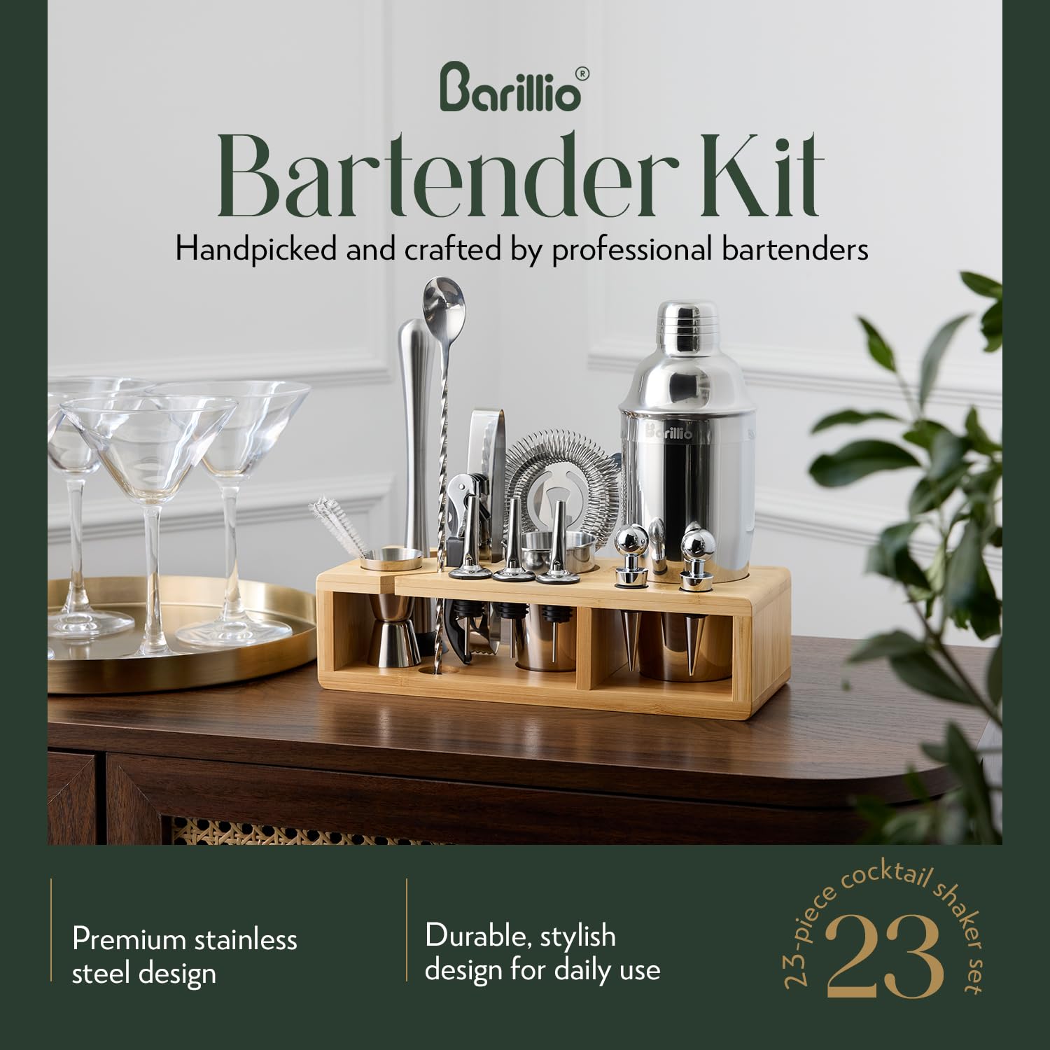 Barillio stainless-steel cocktail shaker showcases rustproof craftsmanship for everyday mixing.