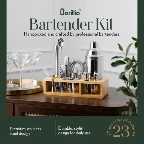 Barillio stainless-steel cocktail shaker showcases rustproof craftsmanship for everyday mixing.