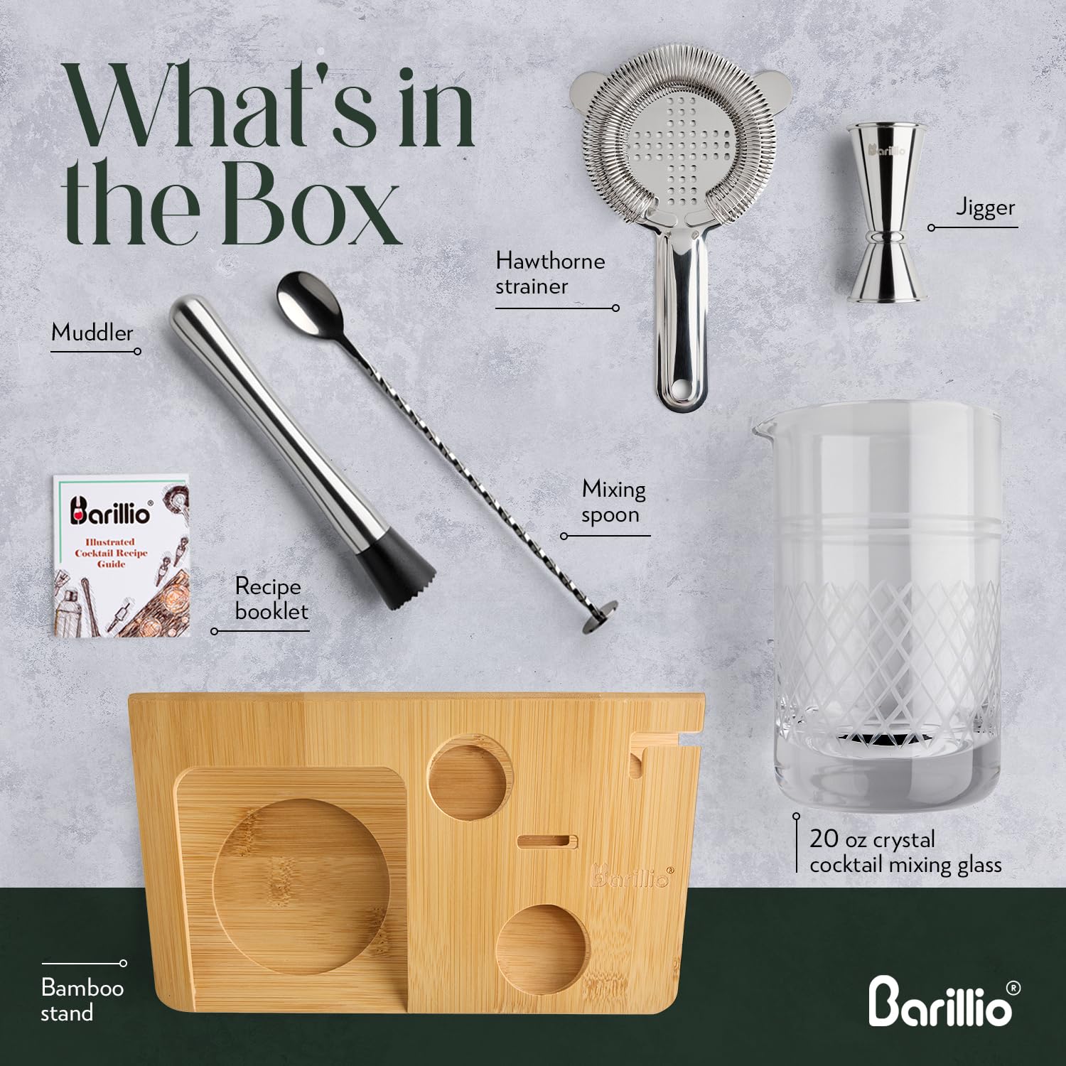 Barillio strainer ensures clean pours and cocktail clarity.