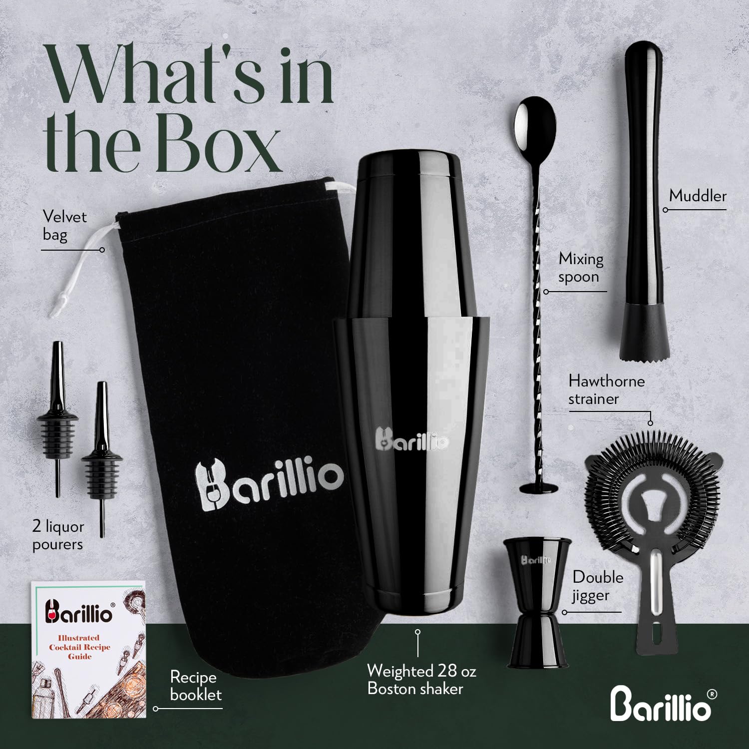 Barillio weighted shaker for balanced grip and minimal spills.