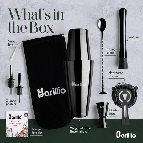 Barillio weighted shaker for balanced grip and minimal spills.