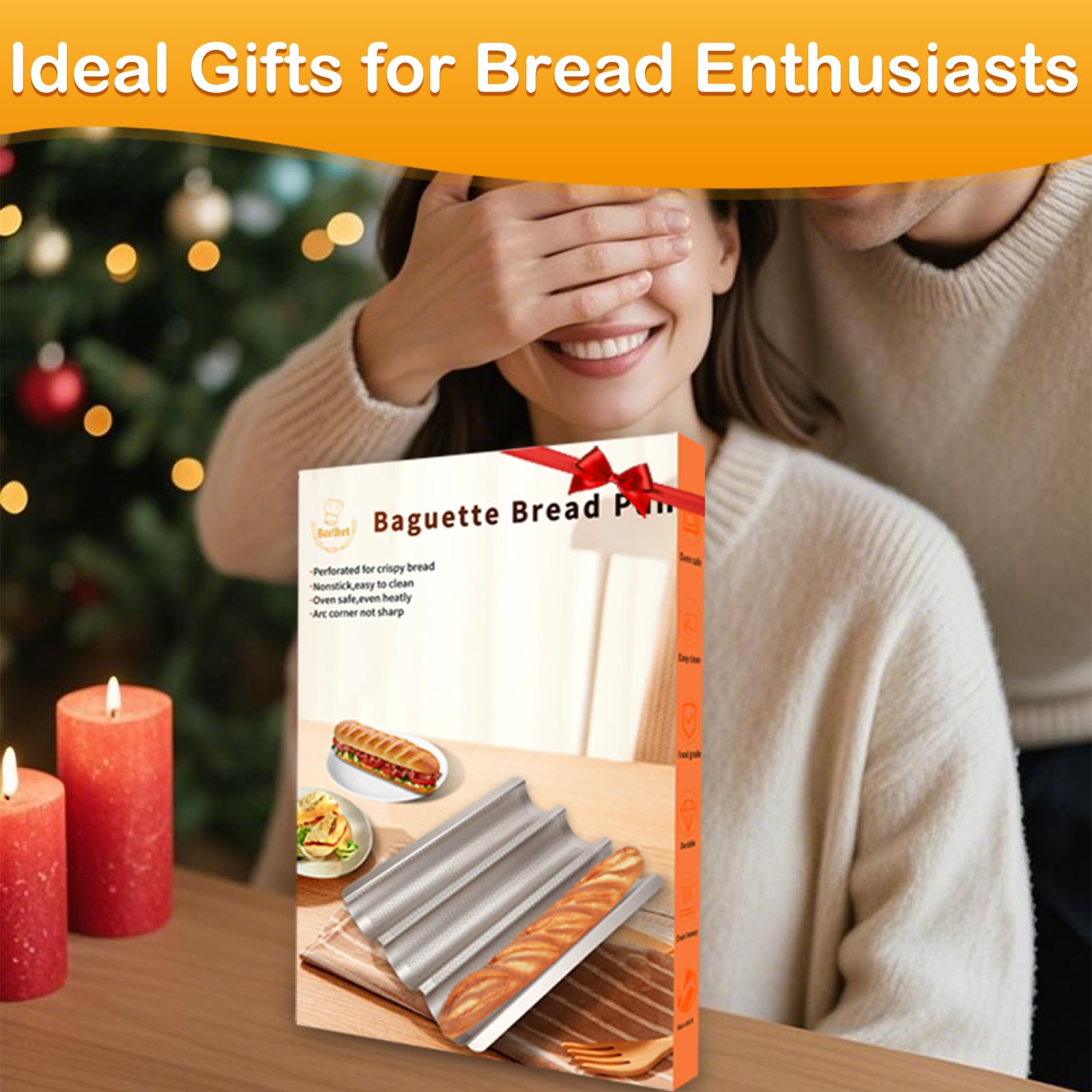 Barlket baguette pan nonstick coating enables easy release and quick cleanup.