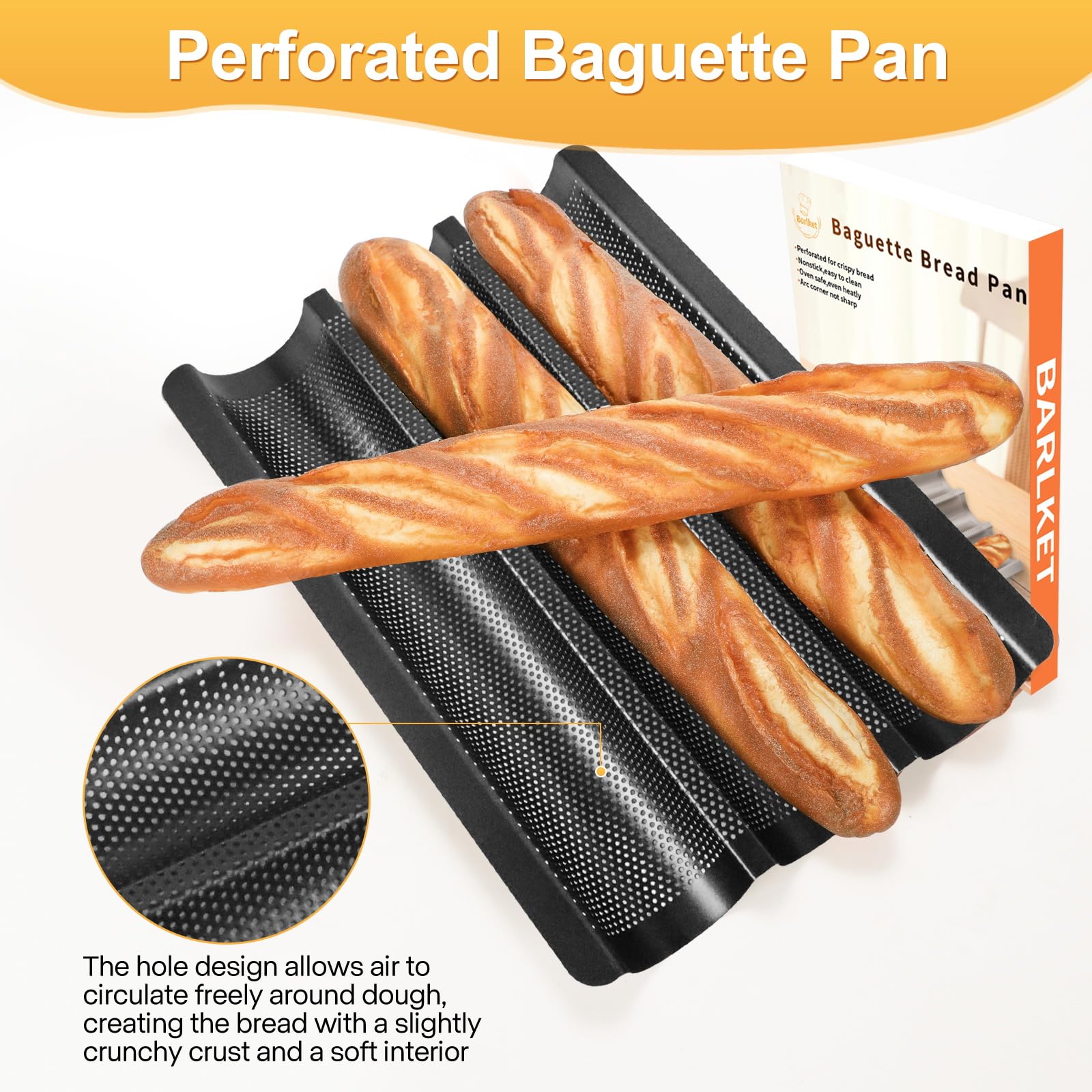 Barlket baguette pan perforated base showing crisp crust and airflow.