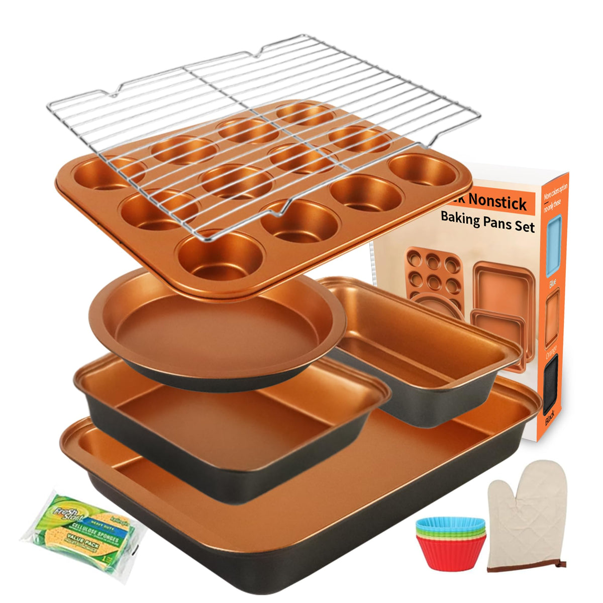 Barlket 6-piece bakeware stackable set in gold for space-saving storage.