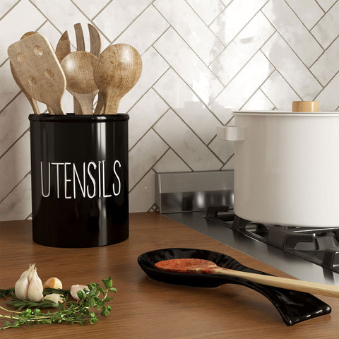 Barnyard Designs black ceramic utensil holder complements contemporary counters with rustic warmth.