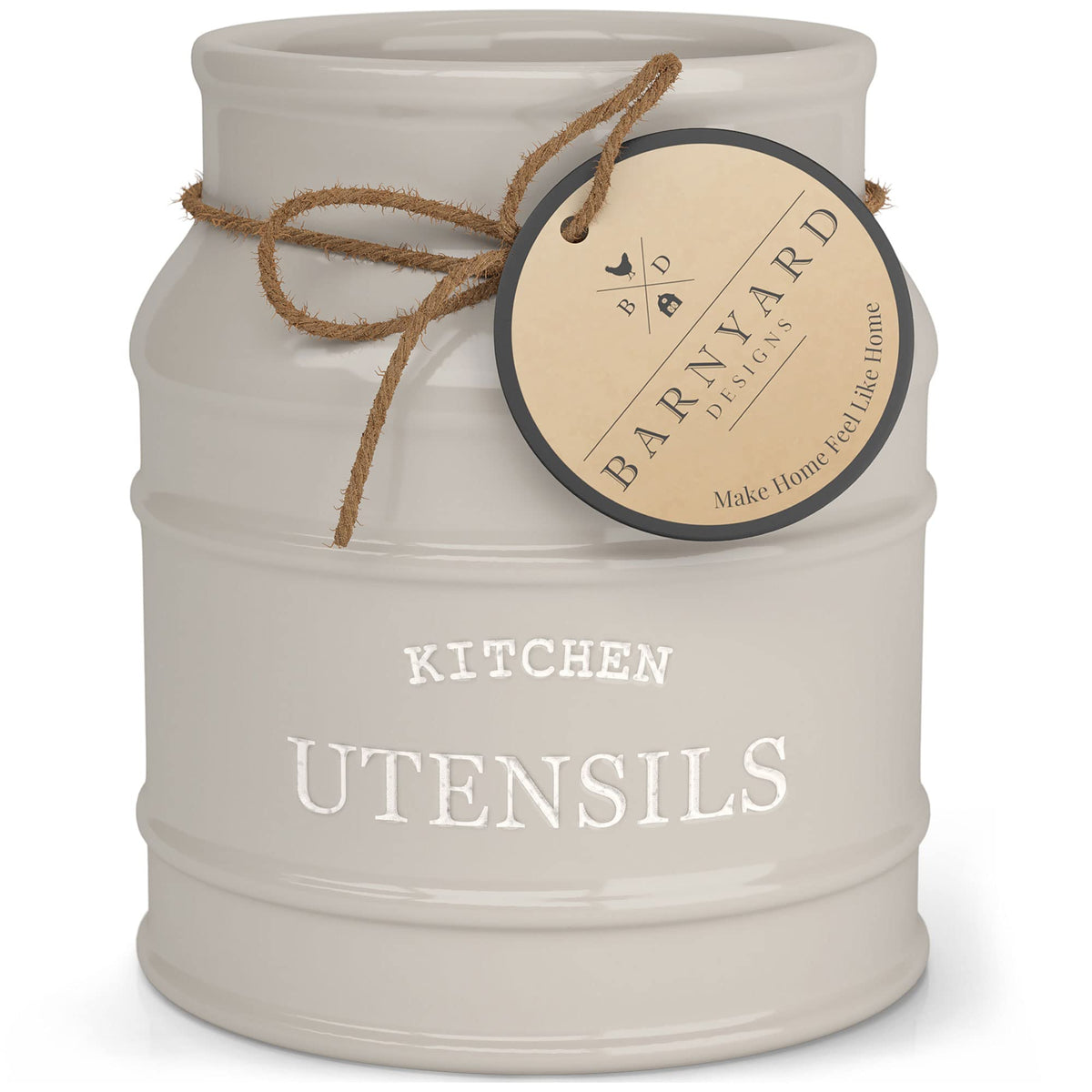 Barnyard Designs ceramic farmhouse utensil holder front view with organized counter space
