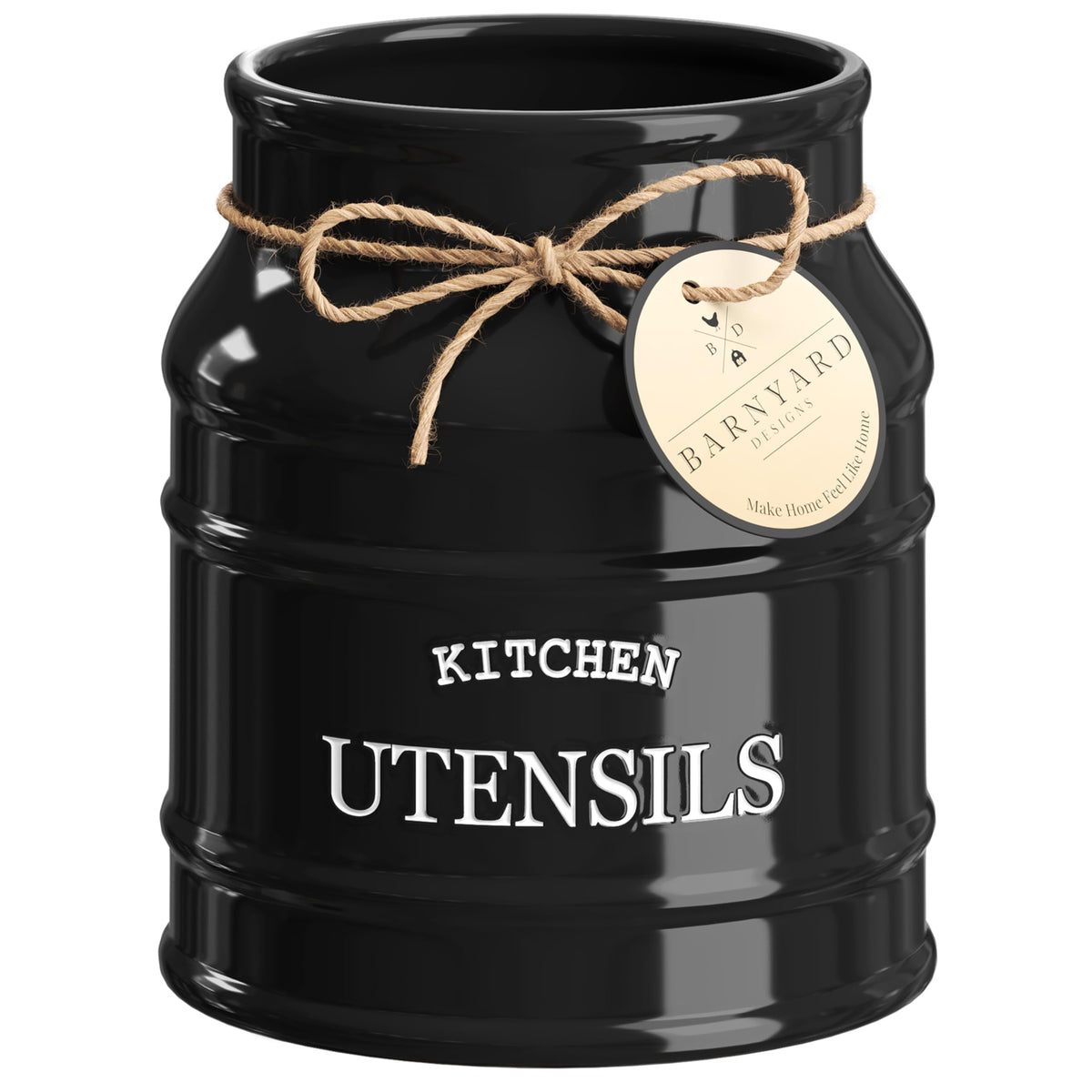 Barnyard Designs ceramic utensil holder on countertop keeps utensils organized.