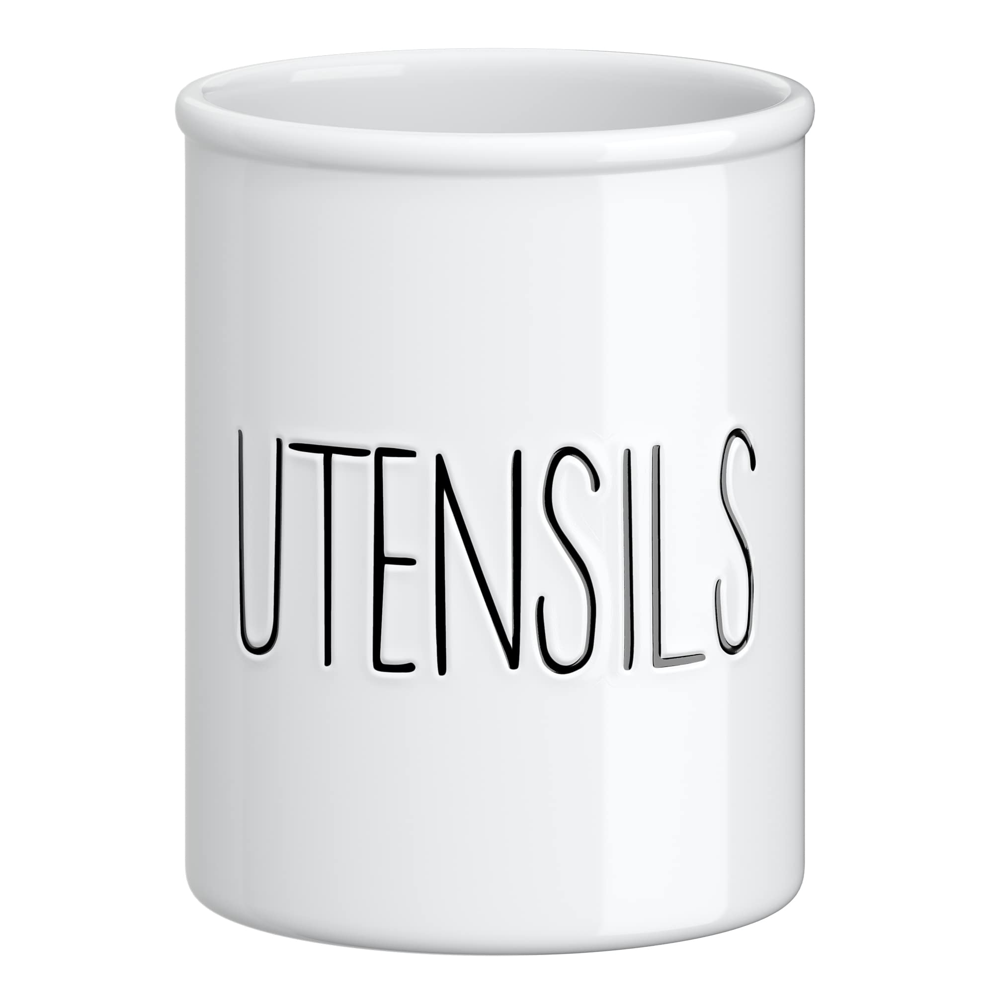 Barnyard Designs ceramic utensil holder on countertop keeps utensils organized and accessible.
