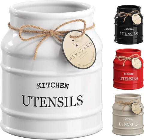 Barnyard Designs ceramic utensil holder on the counter keeps utensils neatly organized